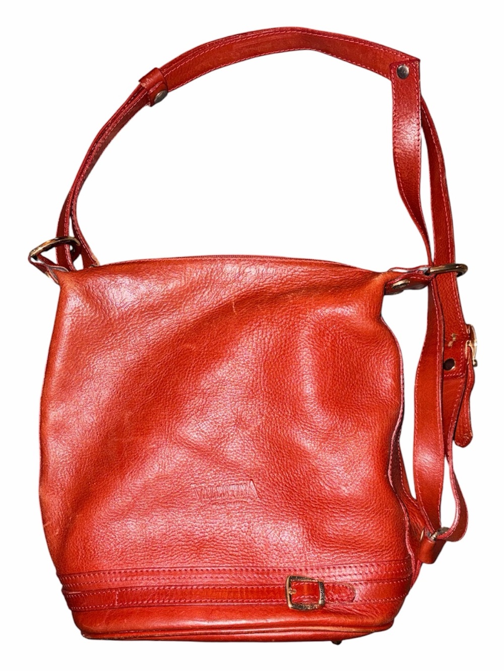 Structured Red Leather Shoulder Tote with Adjustable Strap